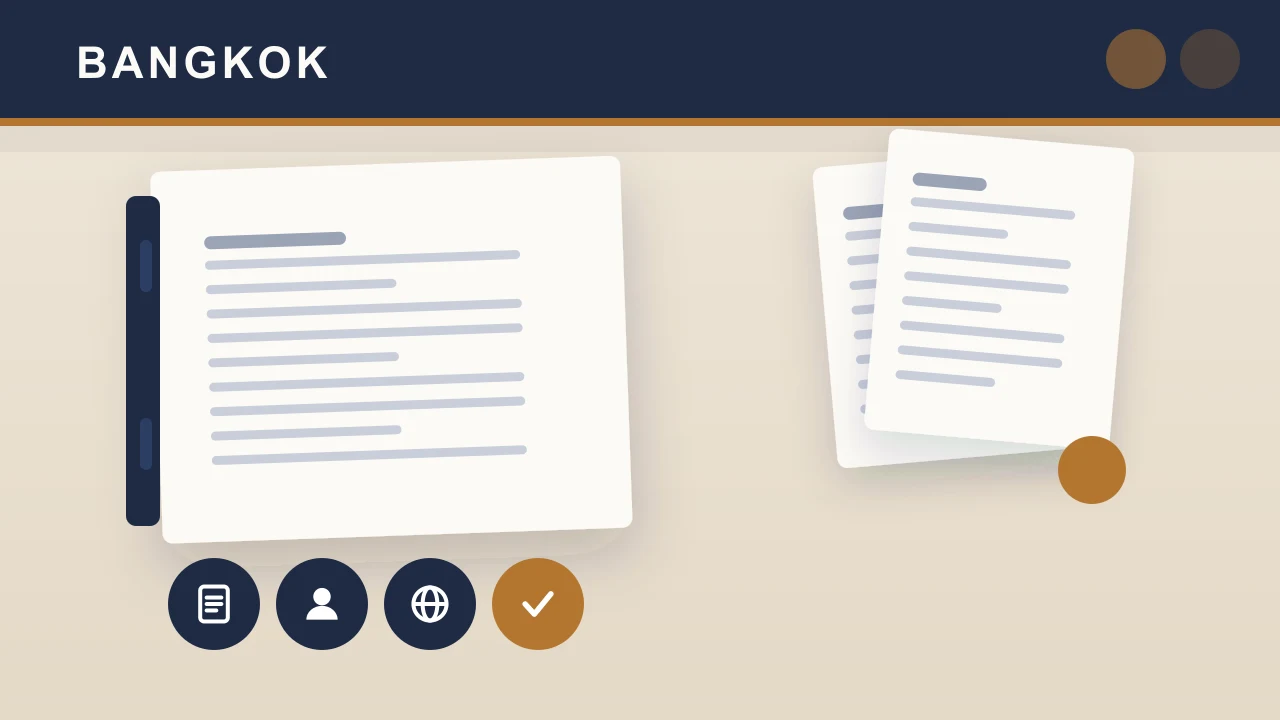 Bangkok editorial illustration with linked document stacks for LLC transfers and personal remittance records