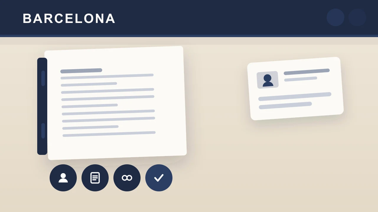 Barcelona editorial illustration with an identity card and documents for separate visa and tax reviews