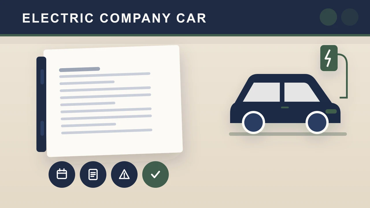 An electric car at a charging point beside a ledger illustrates separate purchase-credit and expense reviews