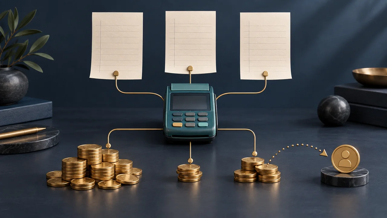 Payment records and separate coin groups illustrate gross receipts, fees, net deposits and an owner transfer