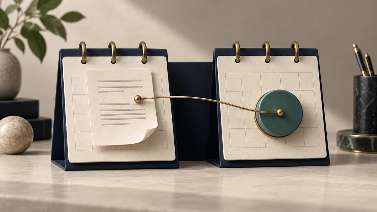 An invoice and payment token on adjacent calendars illustrate a charge and payment falling in different years