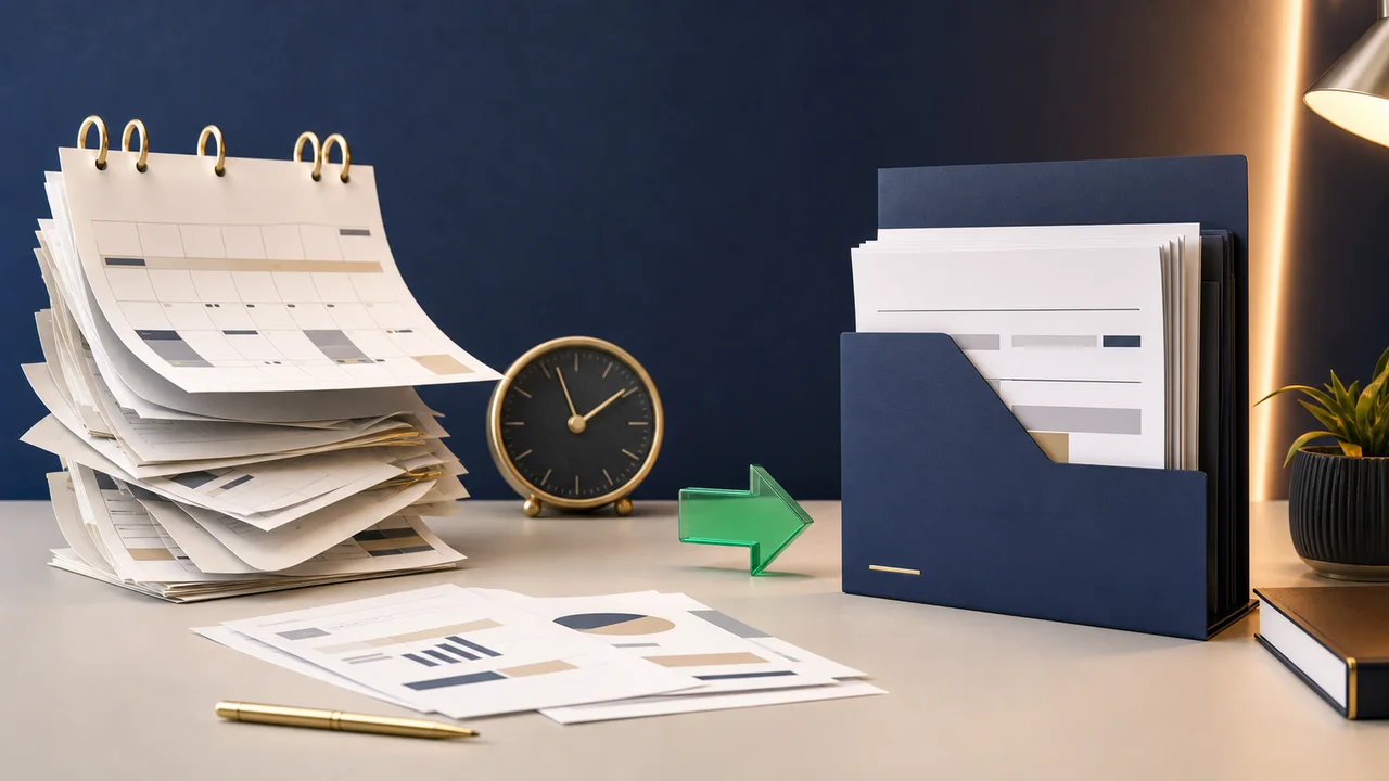 Late paperwork being organized into a complete filing folder