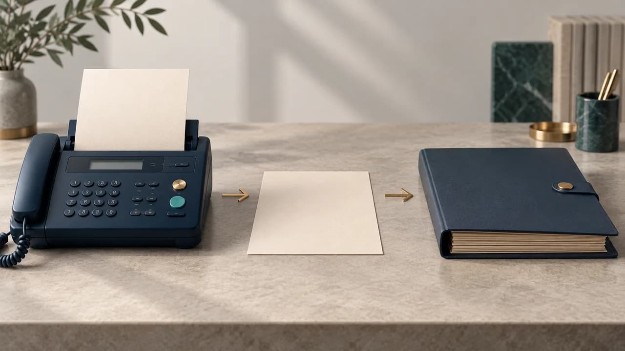 A fax terminal, transmission slip and separate archive folder illustrate sending a filing versus later IRS processing