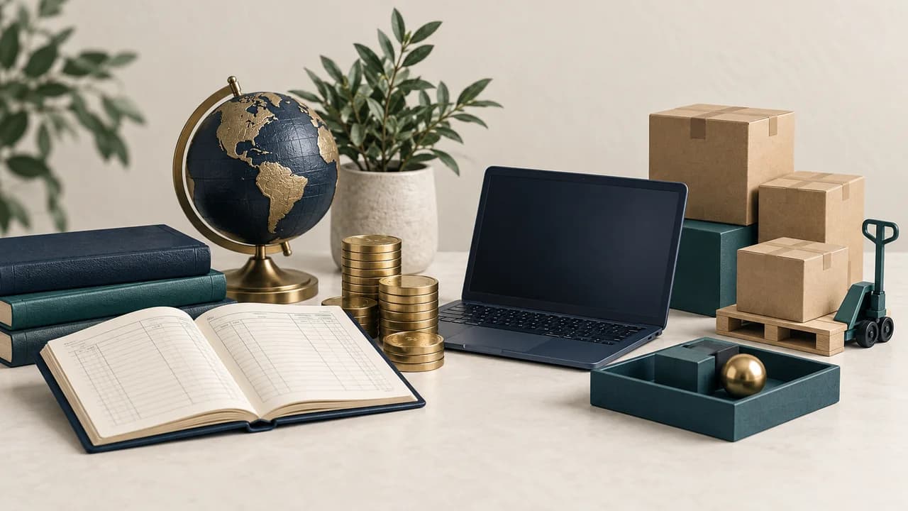 A ledger, coins, laptop and inventory boxes illustrate total business assets beyond a bank balance
