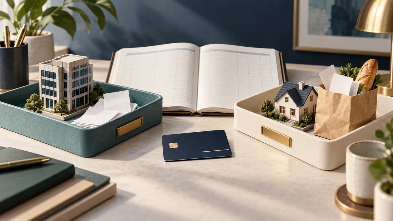 Business receipts and personal purchases separated into two trays beside a company payment card