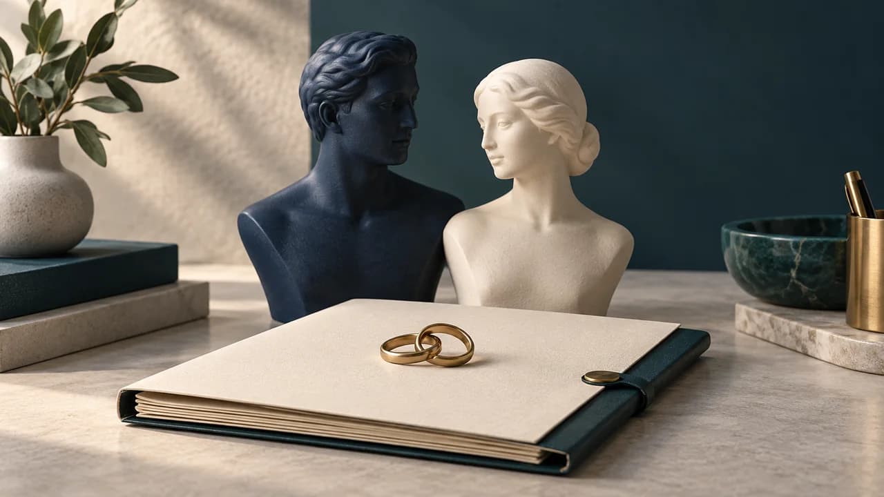 Two sculpted figures beside wedding rings and a shared document folder illustrate a couple's joint tax election