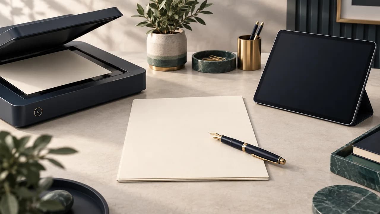 A pen on a blank document beside a scanner and tablet distinguishes signing and transmission methods