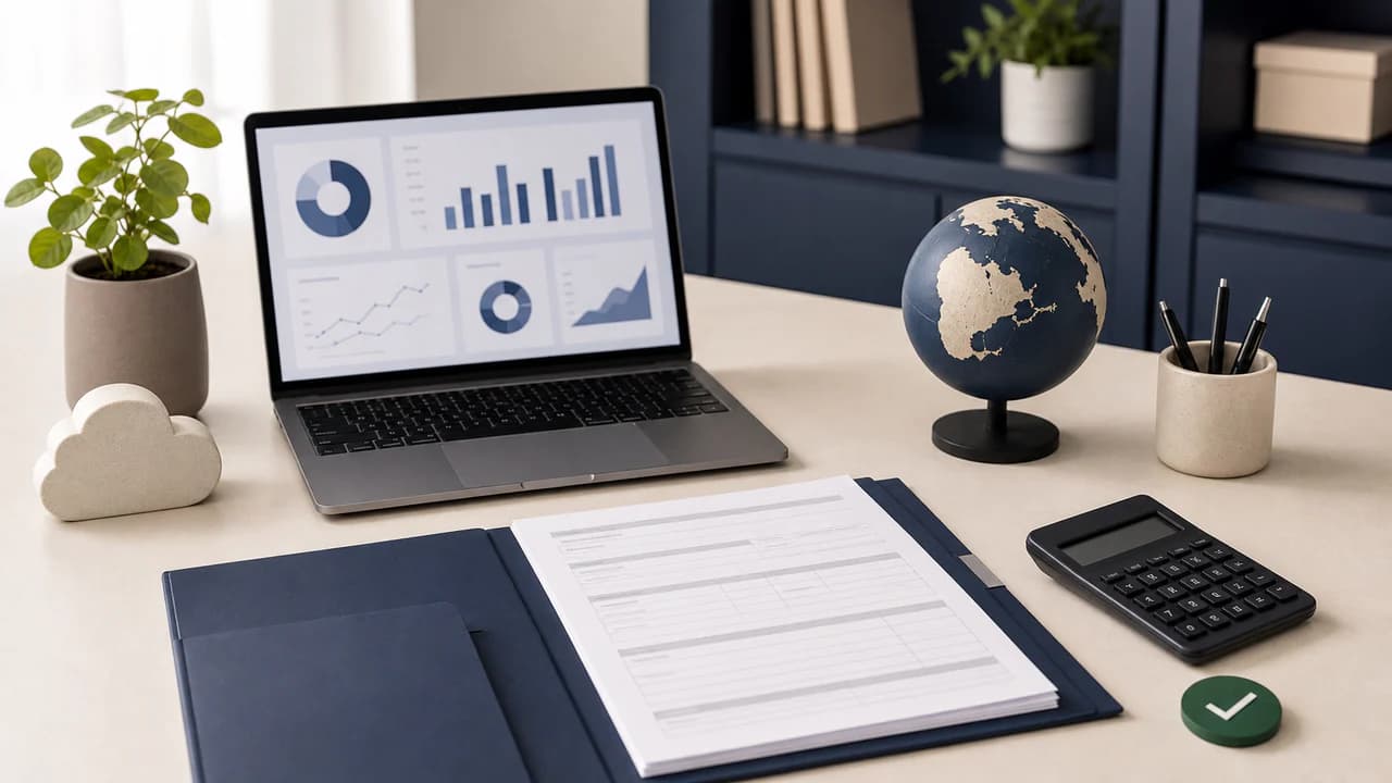 A SaaS founder reviewing U.S. LLC tax records beside a laptop with an analytics dashboard