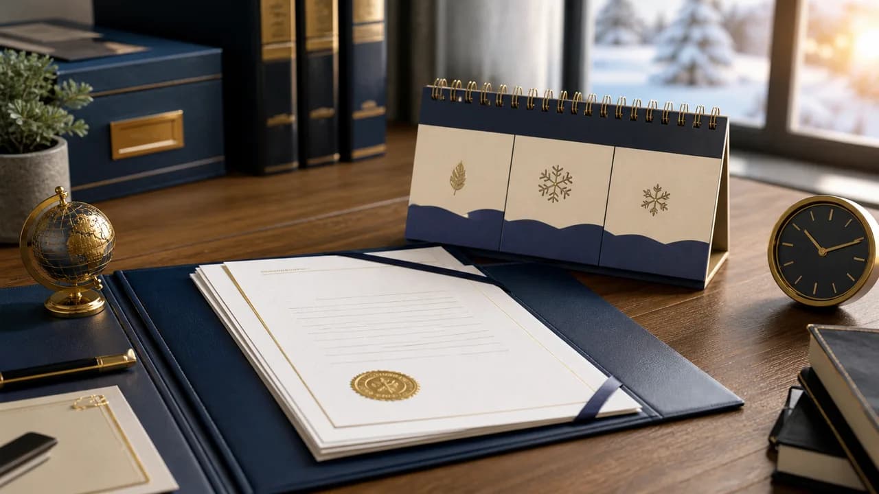 A new LLC filing folder beside a short year-end calendar and clock