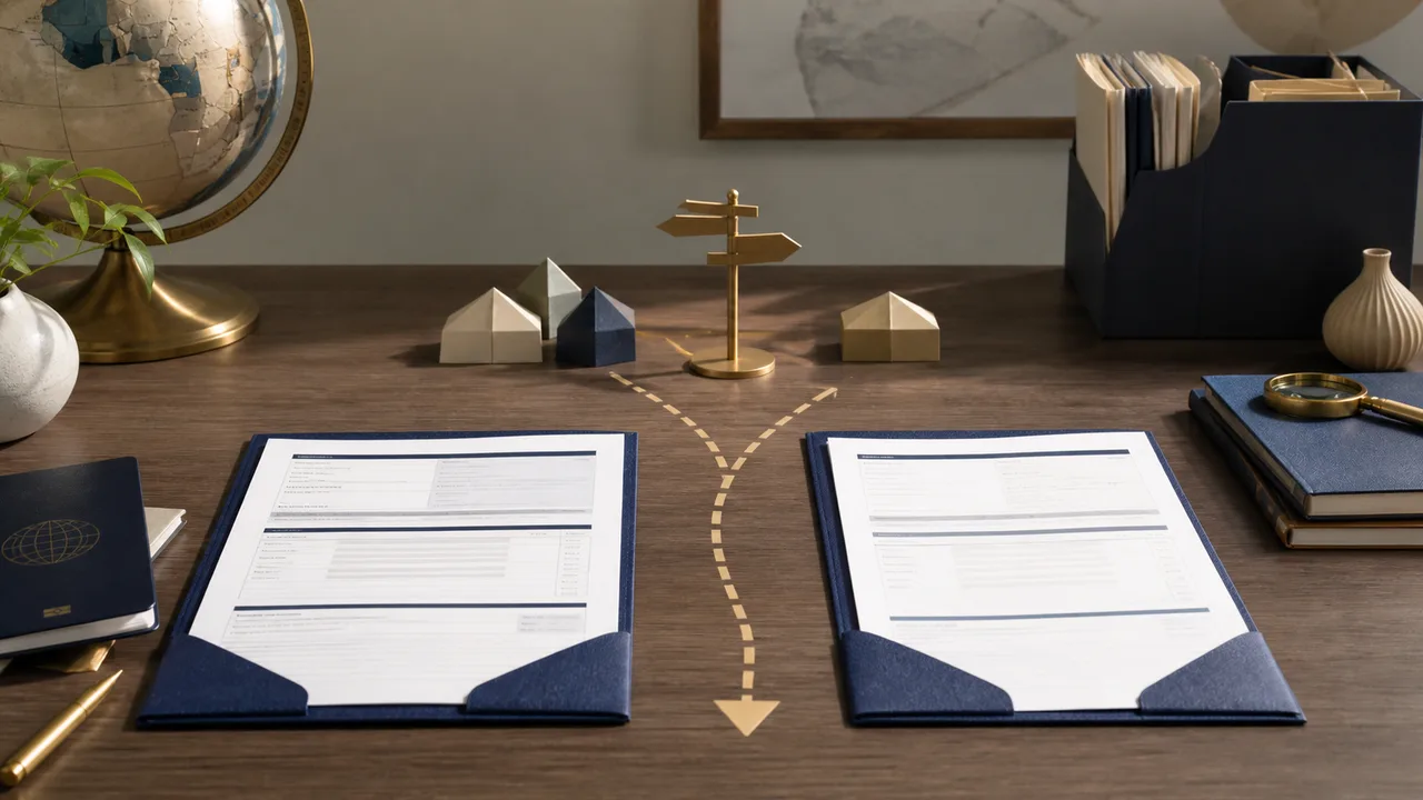 Two separate tax filing folders and an international decision path comparing entity reporting with owner income tax
