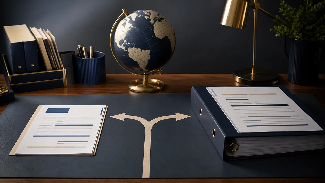 A streamlined information-return file and a larger foreign-corporation return binder at a filing decision point