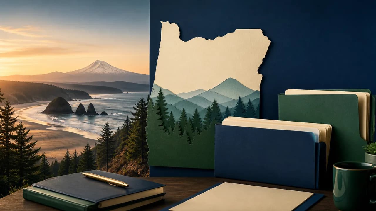 Oregon compliance folders beside the coast, forests, and state silhouette
