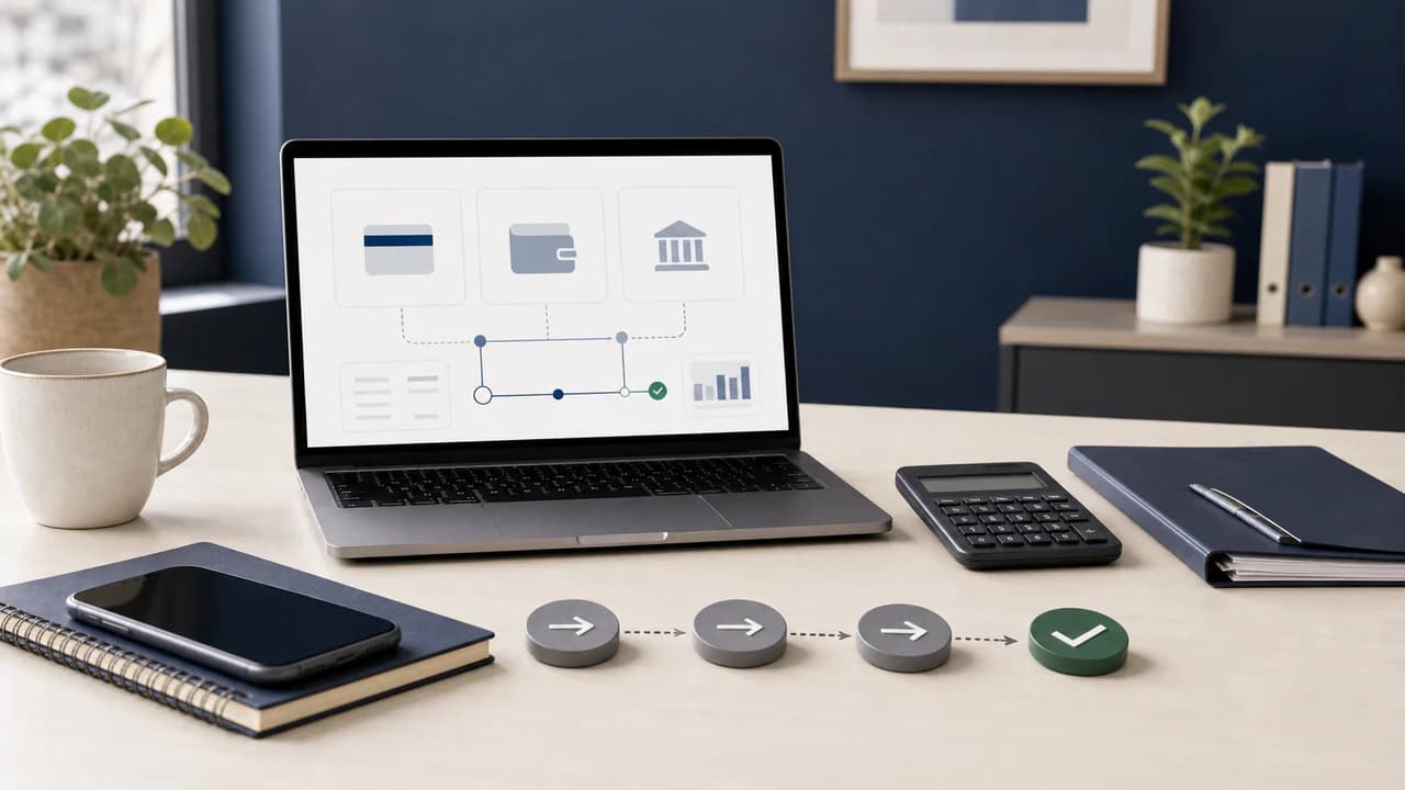 Payment cards, a phone, and a transaction ledger representing Stripe, PayPal, and Wise activity
