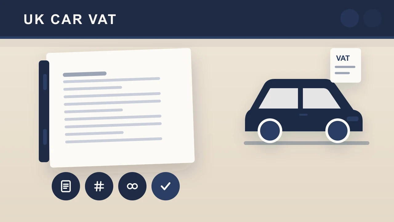 A car and VAT invoice beside a ledger illustrate reviewing UK purchase, lease and charging costs