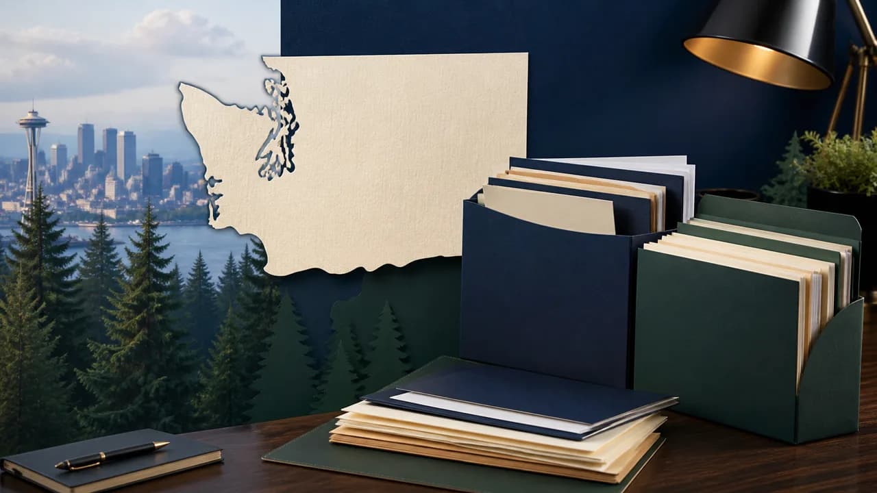 Washington State compliance folders beside a Seattle and evergreen landscape