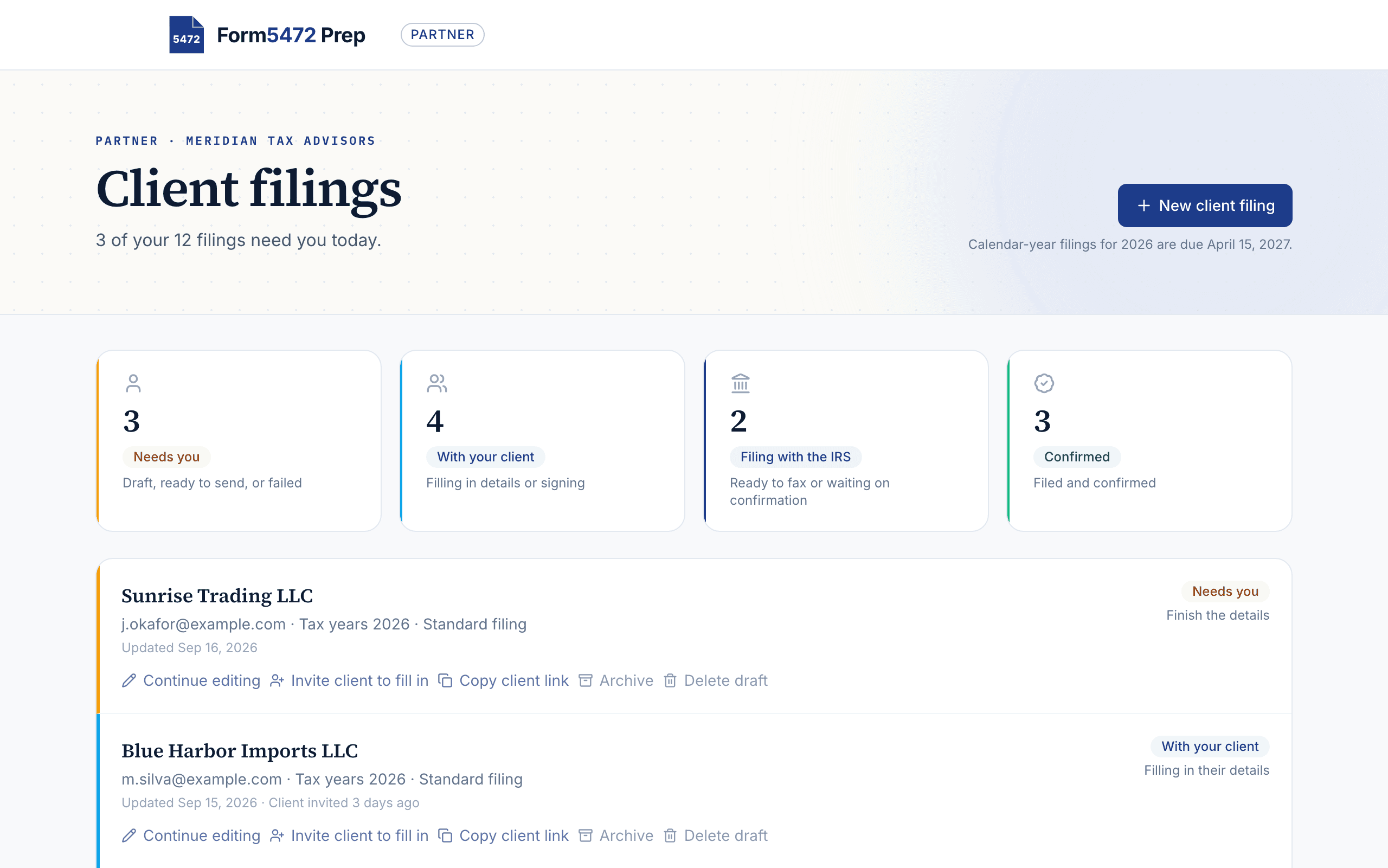 The partner dashboard listing client filings grouped by who needs to act next