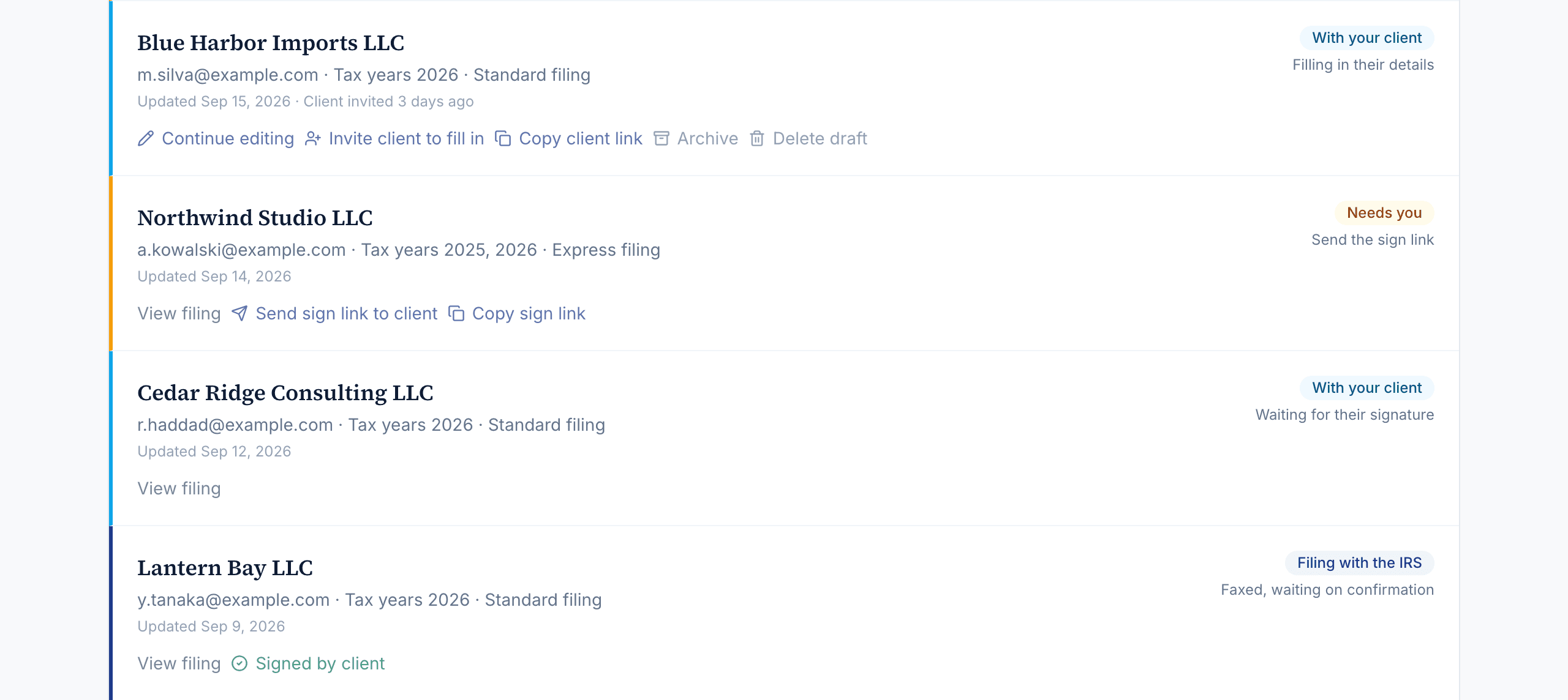 A filing row expanded to show the send sign link, invite client and archive actions