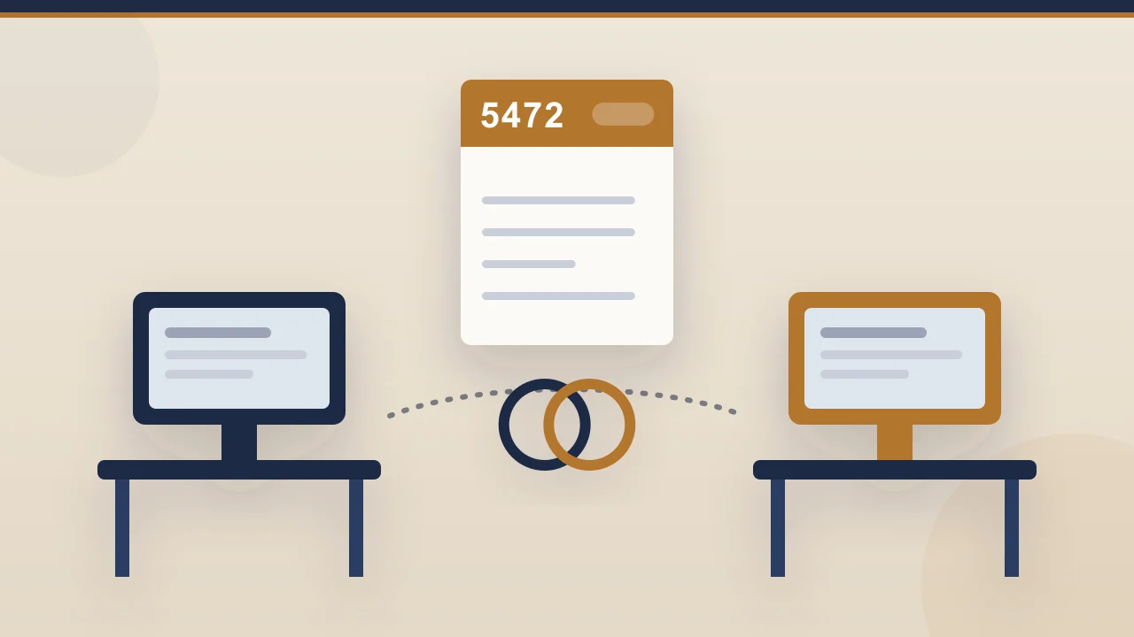 Form 5472 for accountants: two firm desks linked over a shared Form 5472