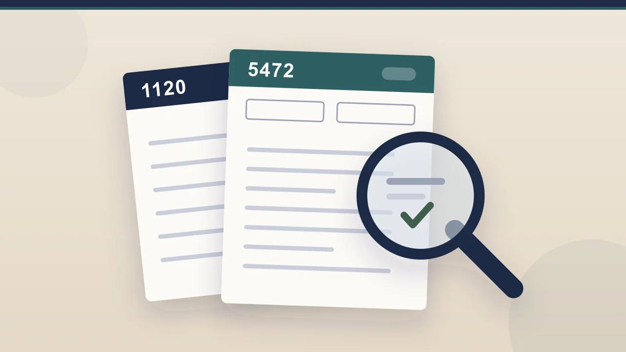 Form 5472 preparer: a magnifier checking Form 5472 on top of its pro forma 1120 cover