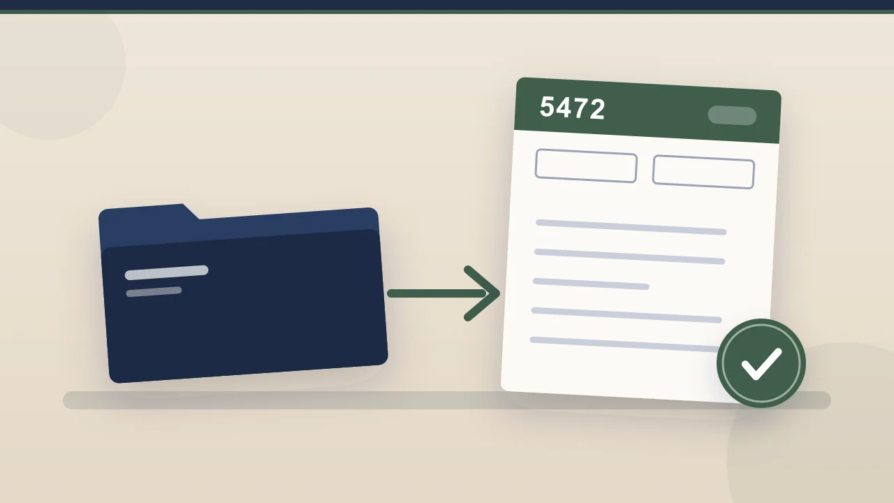 Hire someone to file Form 5472: a folder of records handed over and returned as a checked form